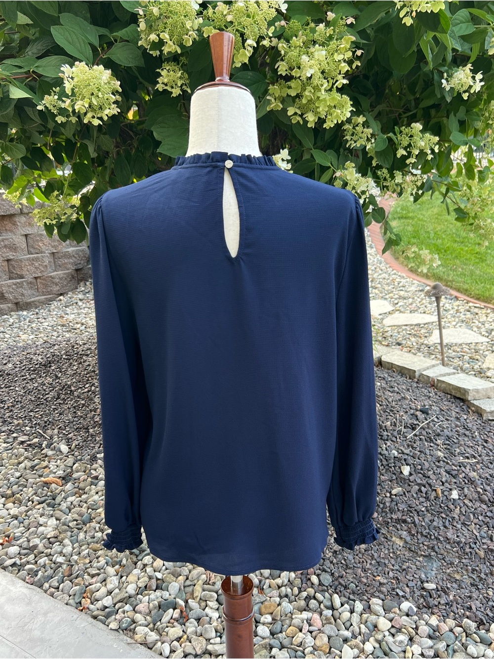 CeCe Dark Navy Pintuck Ruffle-Neck Long Sleeve Blouse - Picture 5 of 14